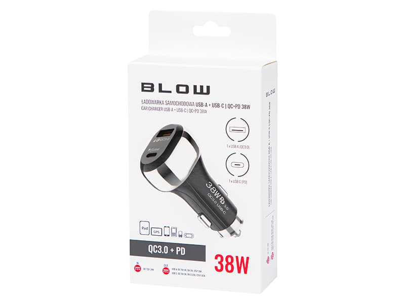 Avto polnilec Blow 38W, USB-A + USB-C (PD) 5