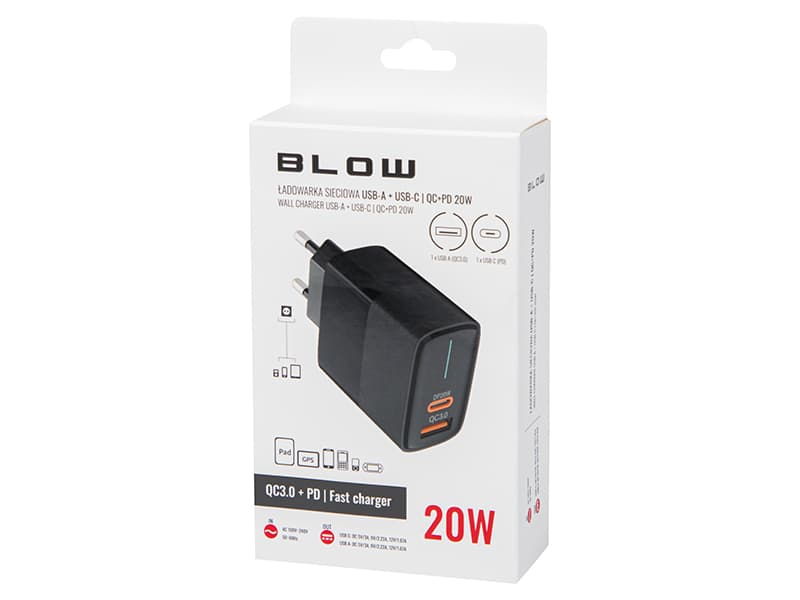 Omrežni polnilnik Blow 20W, USB-A + USB-C (PD) 4