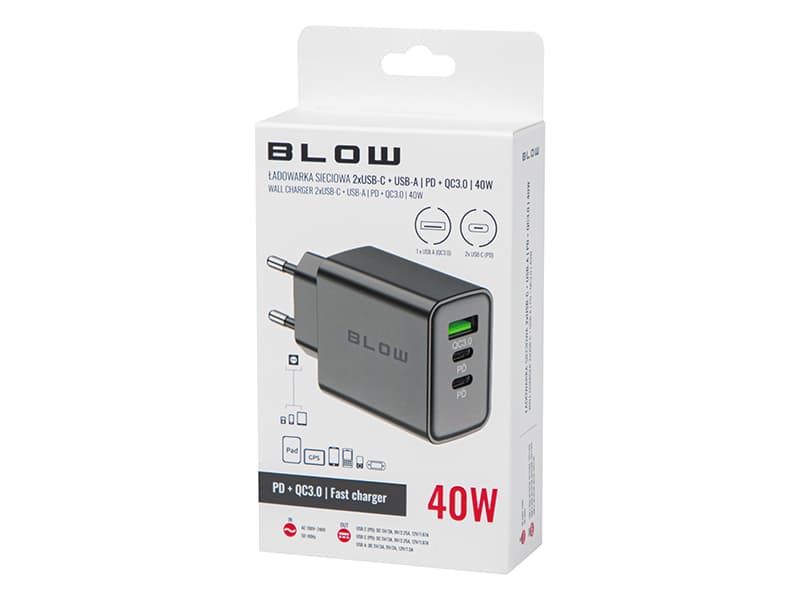 Omrežni polnilnik Blow 40W, USB-A + 2x USB-C (PD) 4