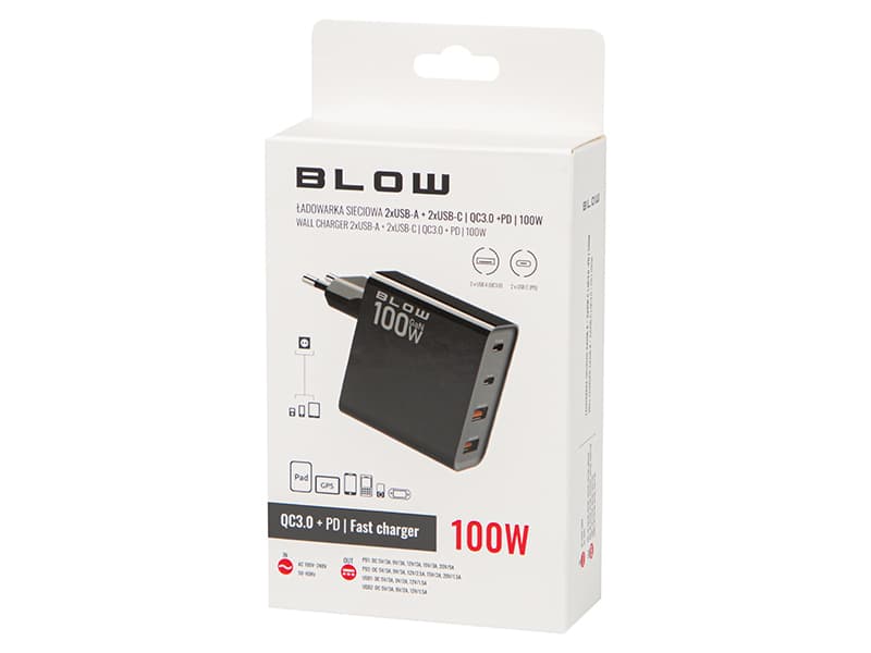 Omrežni polnilnik Blow 100W GaN, 2x USB-A + 2x USB-C (PD) 6