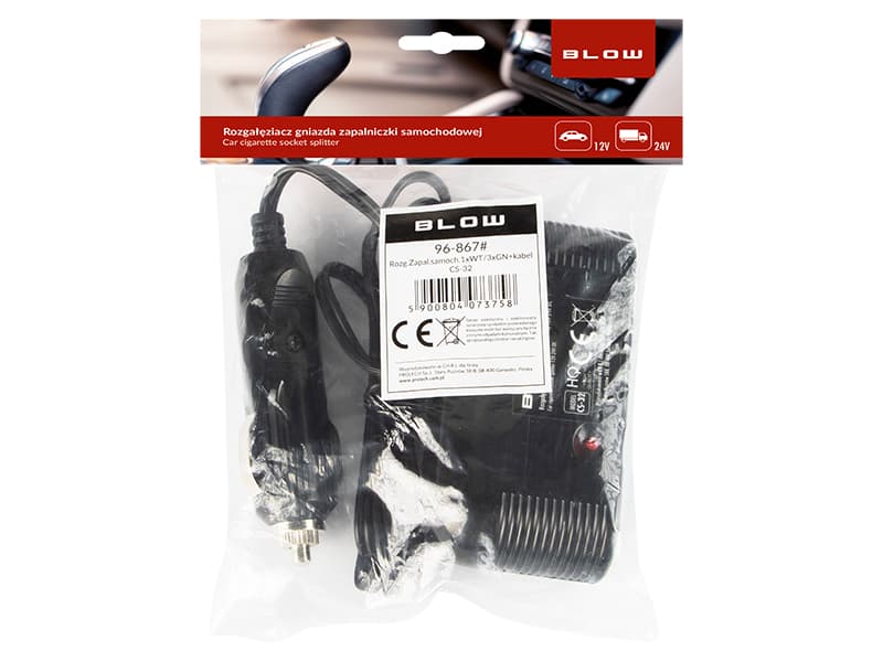 Razširjevalnik avtomobilskega vžigalnika Blow, 1x vtič, 3x vtičnica + kabel 2
