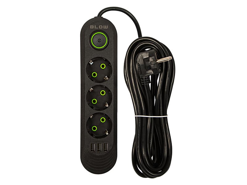 BLOW Podaljšek 3xUSB, 3 vtičnice, 5m, črn (PS-350) 2