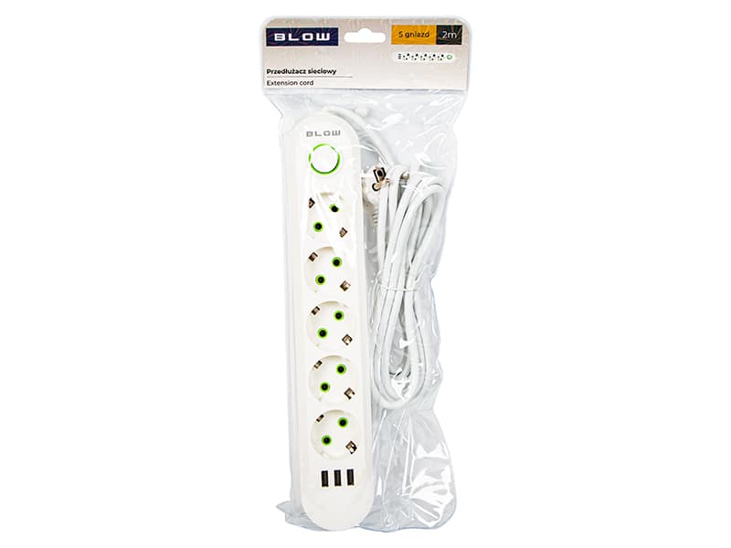Blow Podaljšek PS-520, 5 vtičnic + 3xUSB, 2m, bel 2