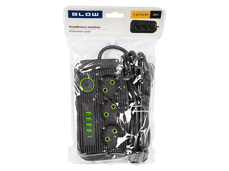 BLOW Podaljšek 4xUSB + 1xUSB-C, 3 vtičnice, 3m, črn (PS-330S) 4