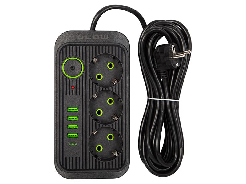BLOW Podaljšek 4xUSB + 1xUSB-C, 3 vtičnice, 5m, črn (PS-350U) 2