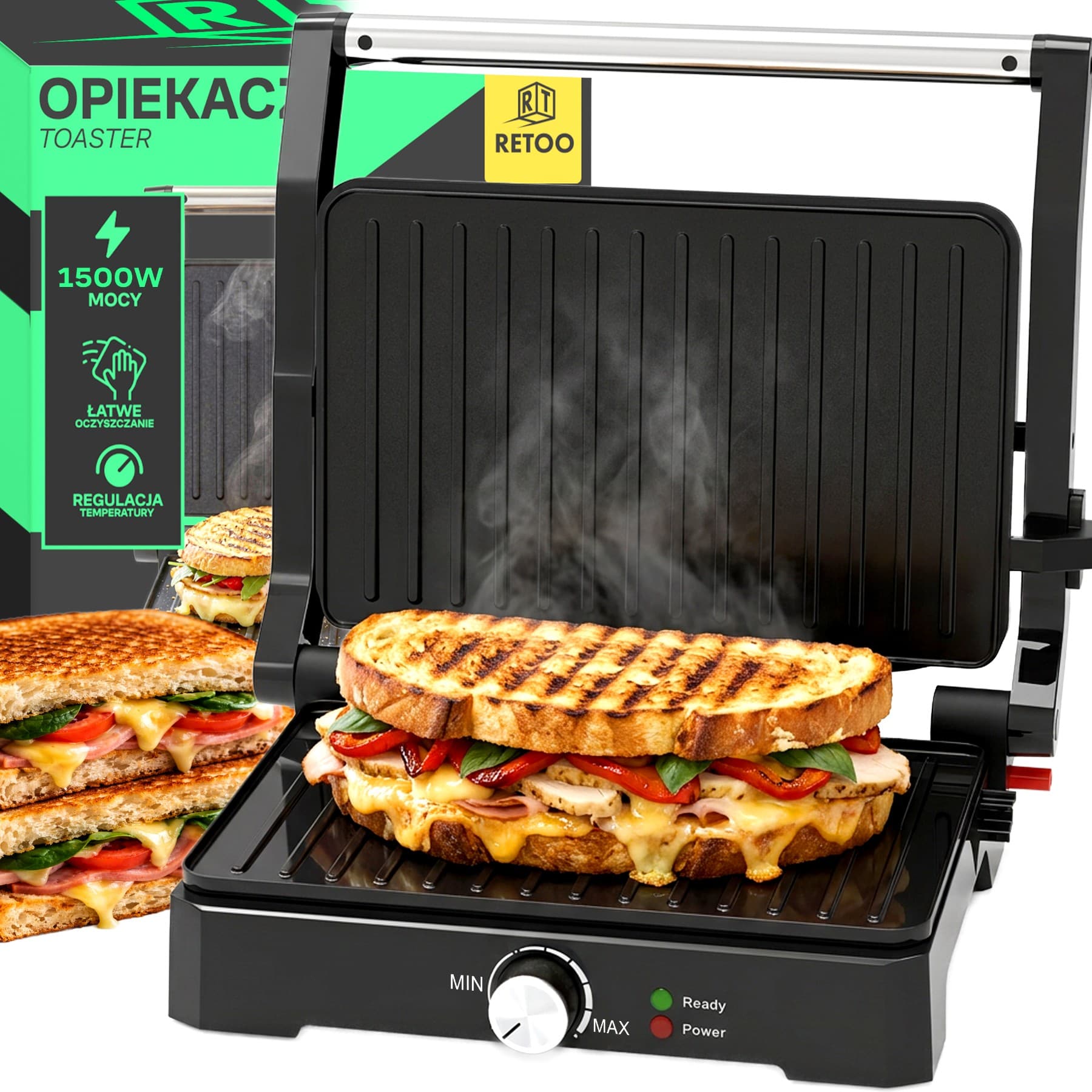 RTO Grill za sendviče Panini, zložljiv, XXL, 1500W, OR1332