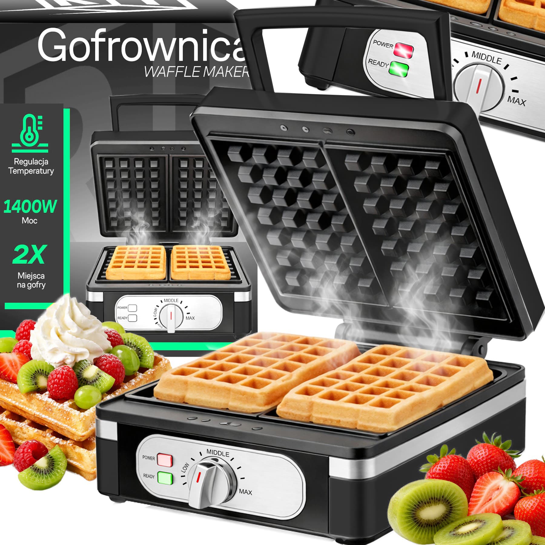 RTO Grelnik vafljev XXL, 1400W, 2 vaflja, nastavljiva temperatura, OR1330