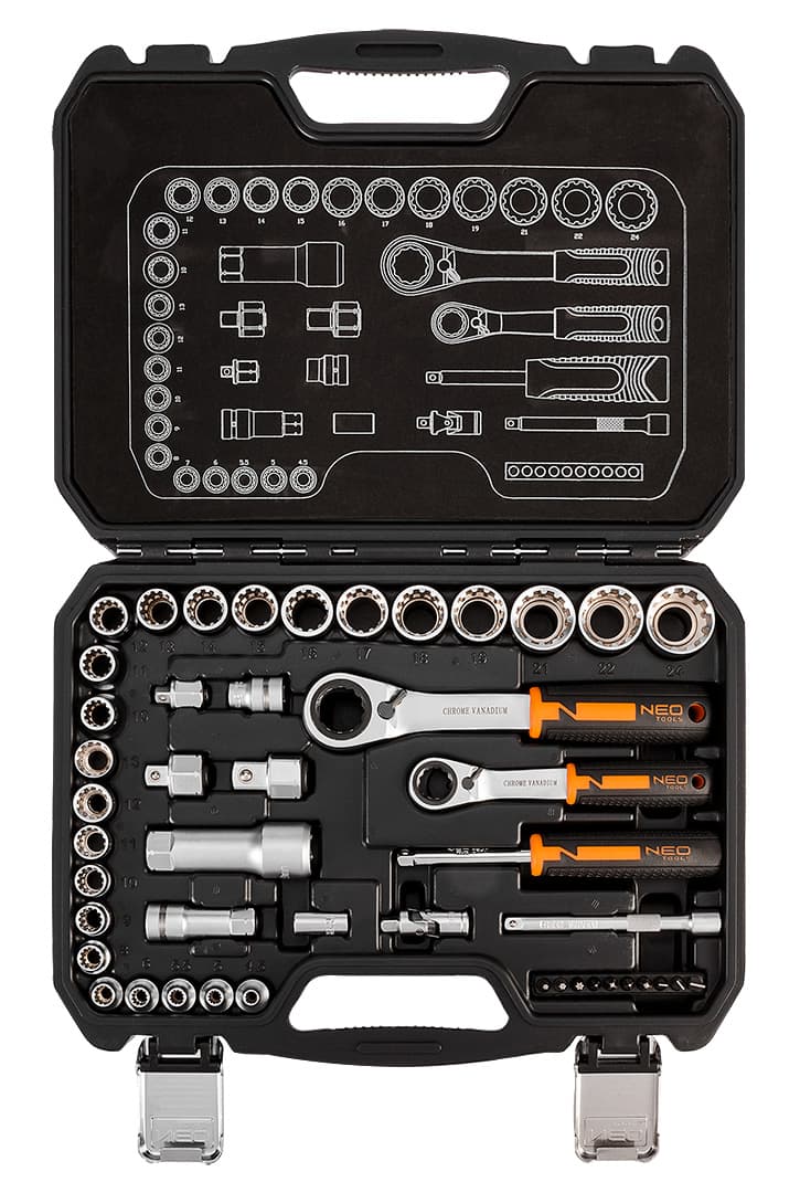 Komplet nasadnih ključev NEO TOOLS - prehodni 1/4", 3/8", 46 kosov 2