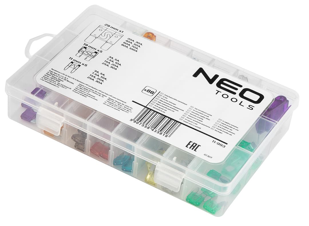 NEO TOOLS Komplet avto varovalk, 88 kosov (3 tipi) 8