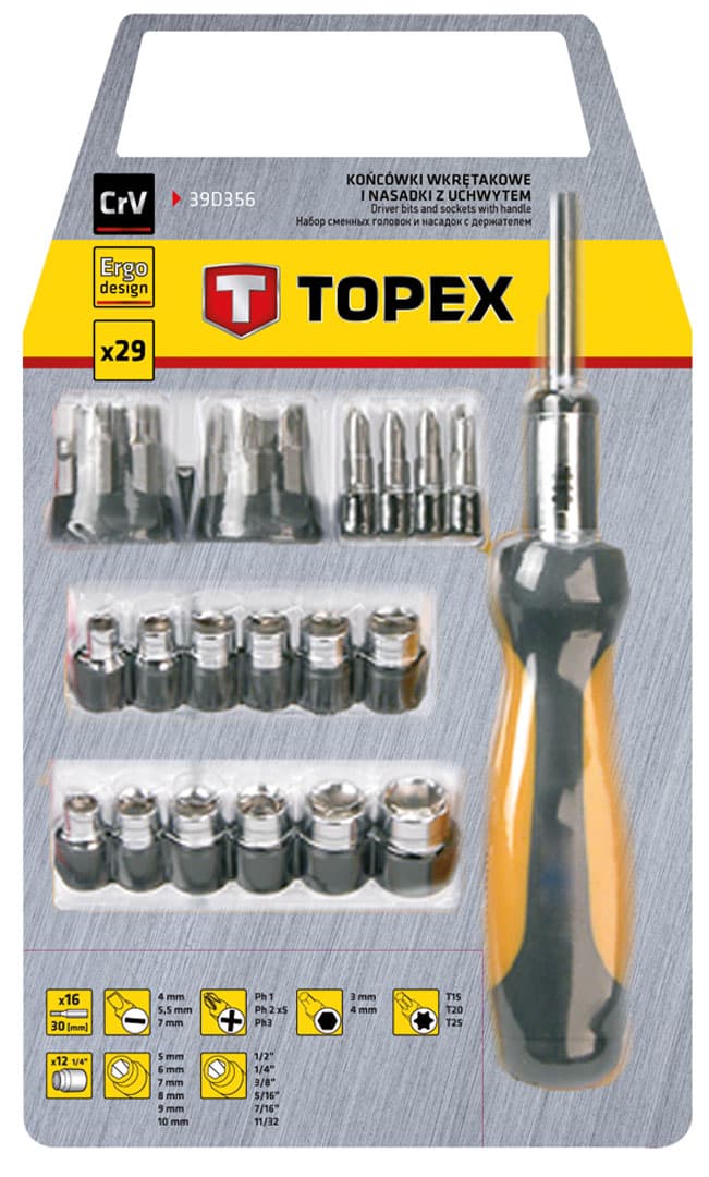 TOPEX komplet nastavkov in nasadk 29 kosov, 1/4" 3