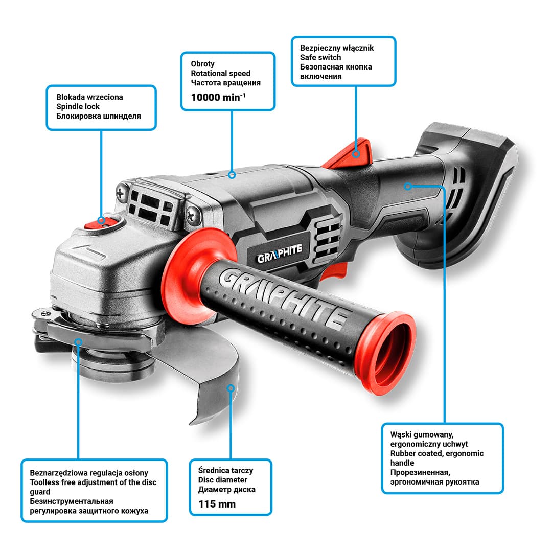 Akumulatorska kotna brusilka GRAPHITE Energy+ 18V, Li-Ion, 115 mm 4