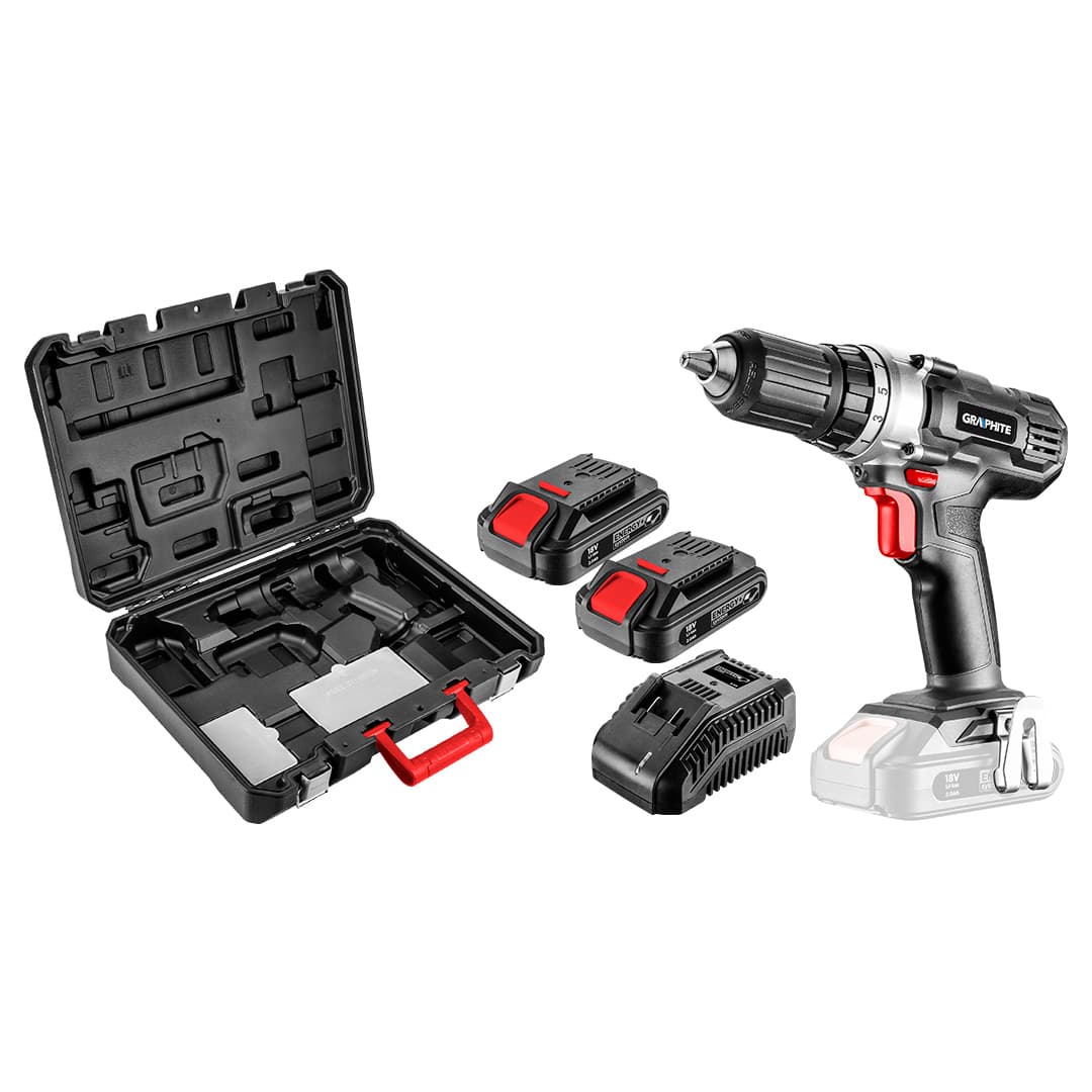 Akumulatorski vrtalnik/vijačnik GRAPHITE 18V Energy+, 2x2Ah aku, polnilnik, kovček