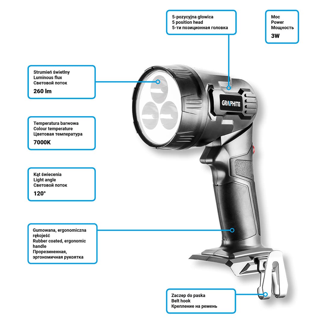 Akumulatorska svetilka GRAPHITE Energy+ 18V, Li-Ion, LED 4