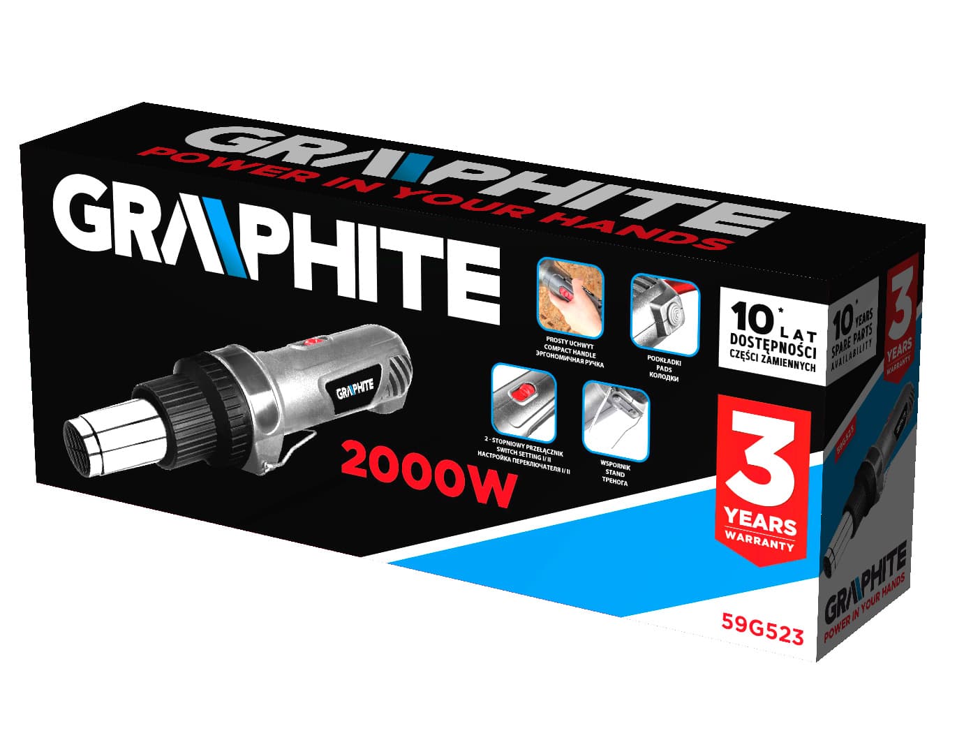 GRAPHITE vroč zrak piha pištola 2000W, ravni ročaj 6