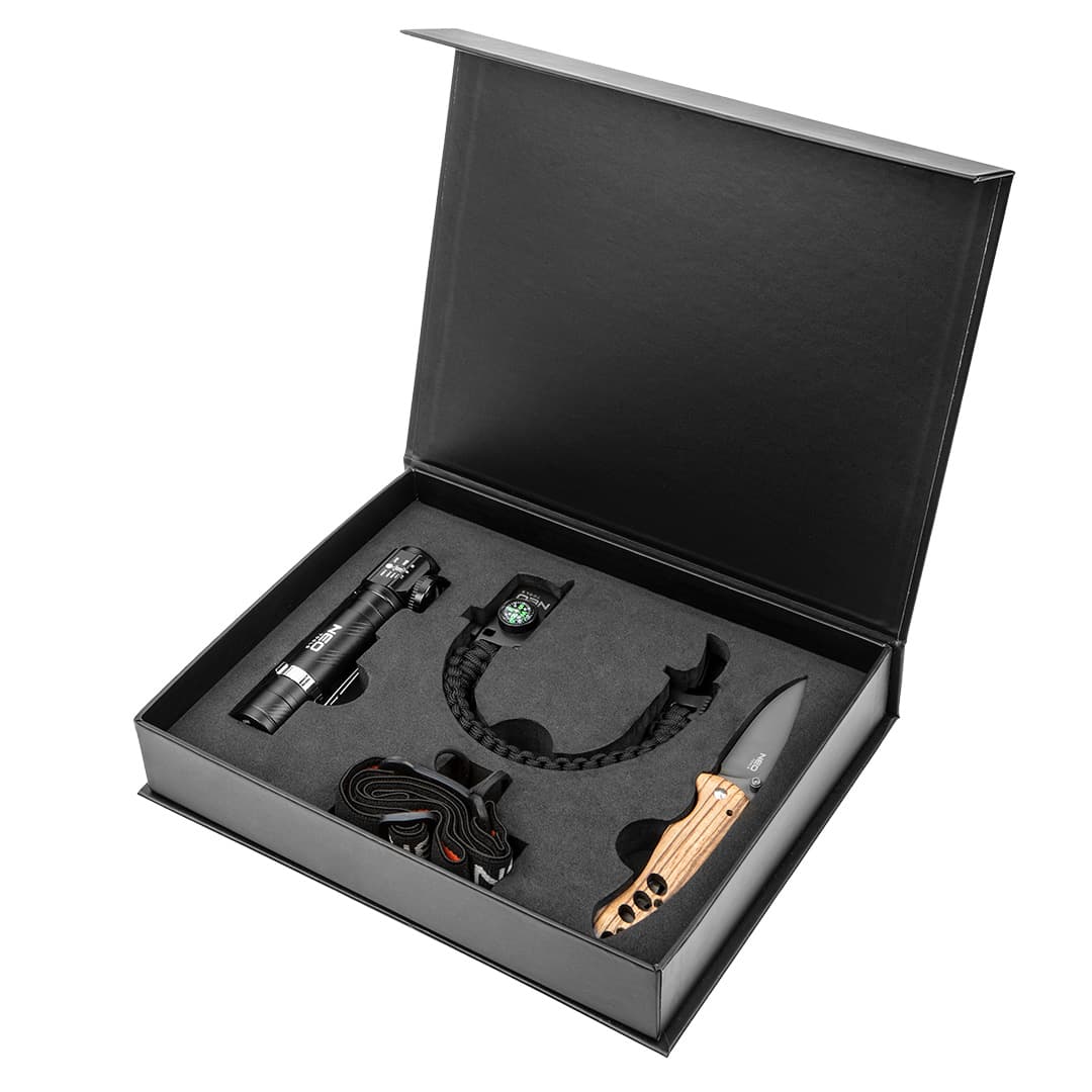 NEO TOOLS Survival set: LED naglavna svetilka, multifunkcijski nož, zapestnica
