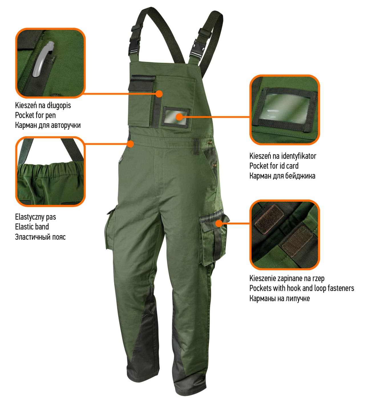 Delovne hlače z naramnicami NEO TOOLS CAMO olive, velikost S 8