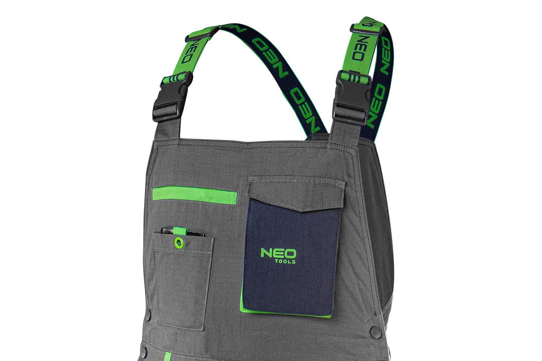 NEO TOOLS delovne hlače z naramnicami PREMIUM S, ripstop 5