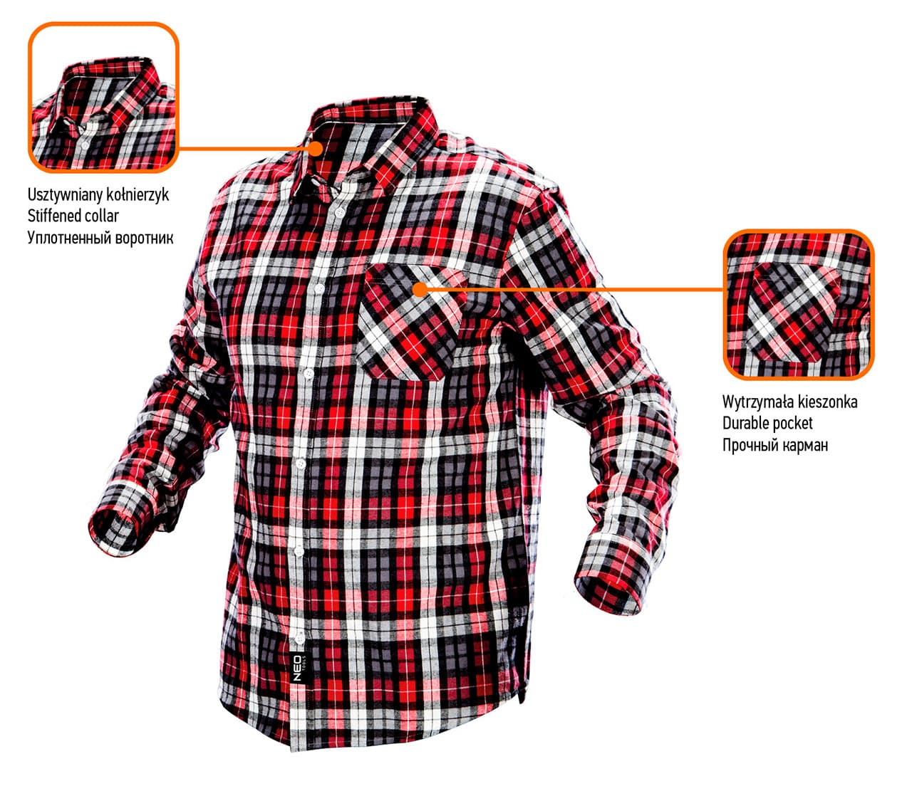 NEO TOOLS Flanelna srajca rdeče-črno-bele karirane, XL 5