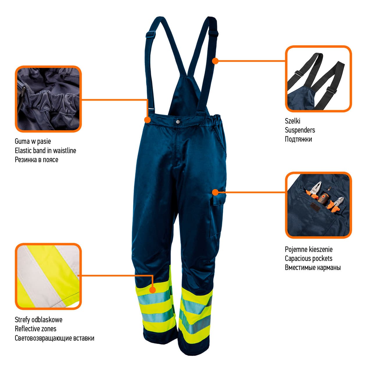 Delovne hlače z naramnicami NEO TOOLS, temno modre, M 2