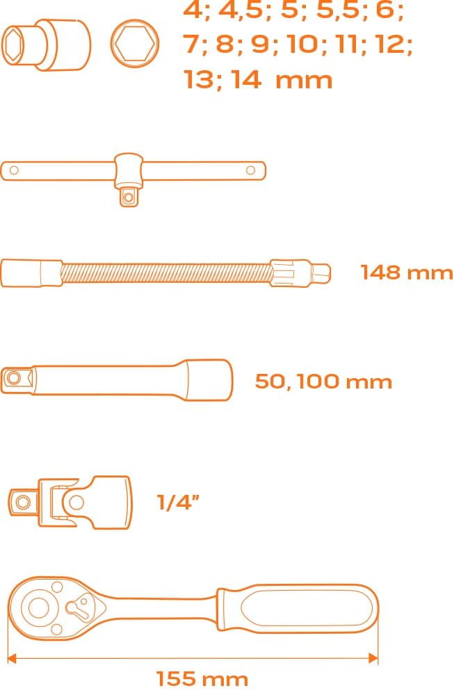NEO TOOLS Nasadni ključi 1/4", komplet 19 kosov 6