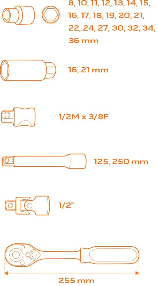 NEO TOOLS Nasadni ključi 1/2", komplet 27 kosov 6