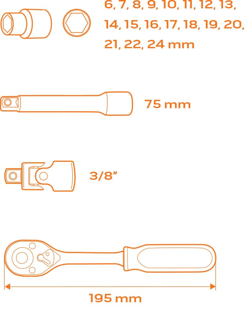 NEO TOOLS Nasadni ključi 3/8", komplet 22 kosov 6