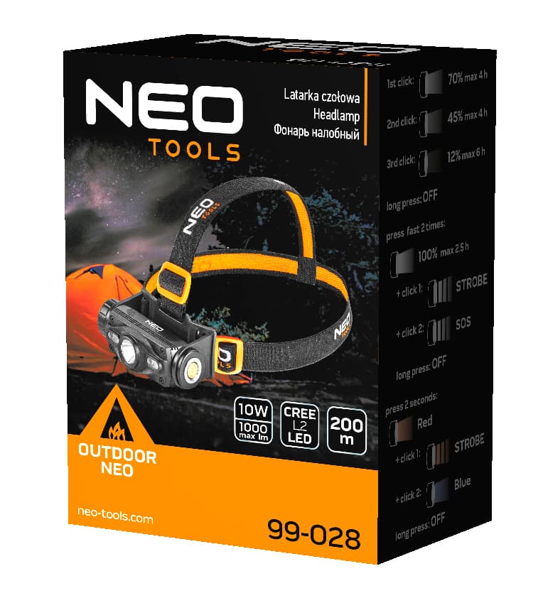 NEO TOOLS Akumulatorska naglavna svetilka 1000 lm, USB, CREE LED 5