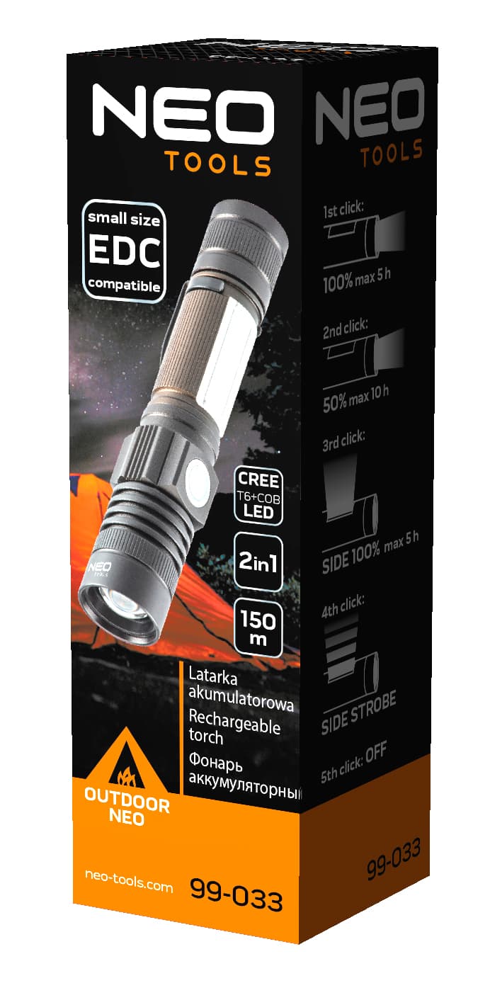 NEO TOOLS Akumulatorska svetilka USB 800 lm, 2v1 CREE T6 LED 4