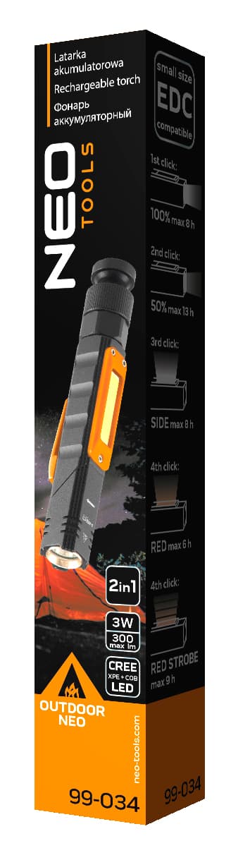 NEO TOOLS Akumulatorska svetilka USB 300 lm, 2v1 CREE XPE + COB LED 5