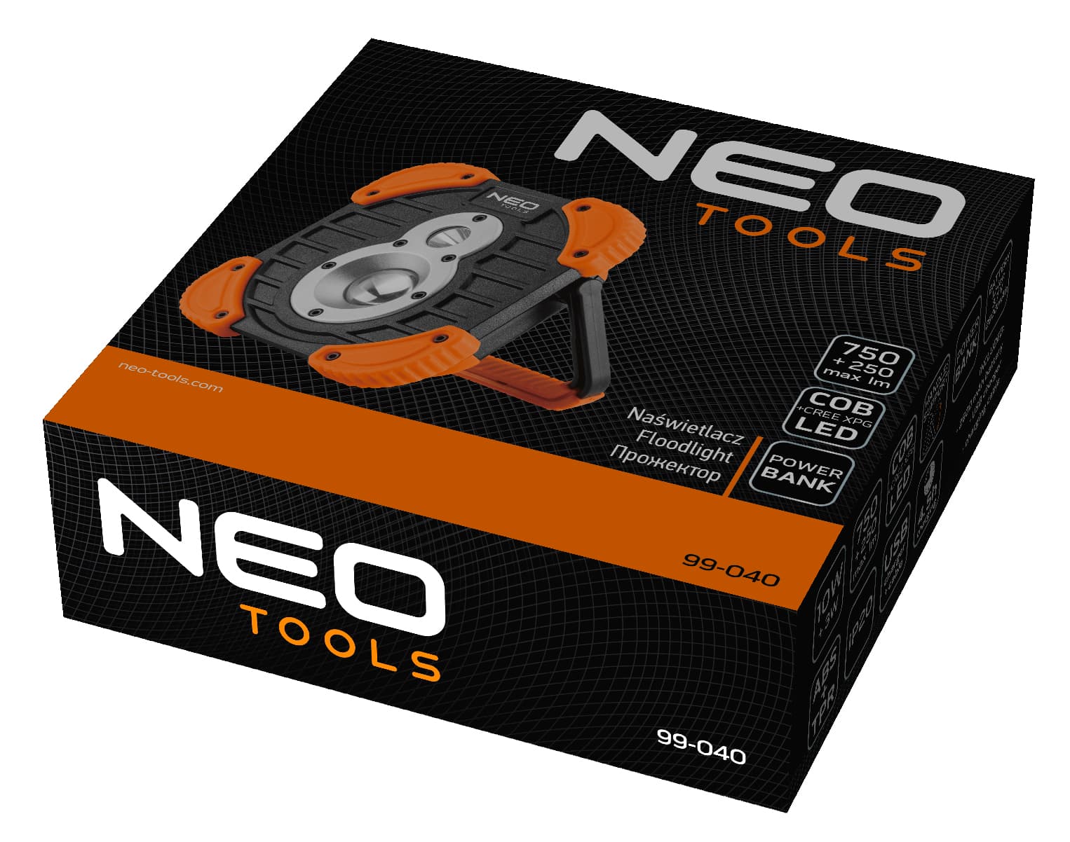 NEO TOOLS Akumulatorski reflektor 750+250 lm, COB LED, powerbank 5