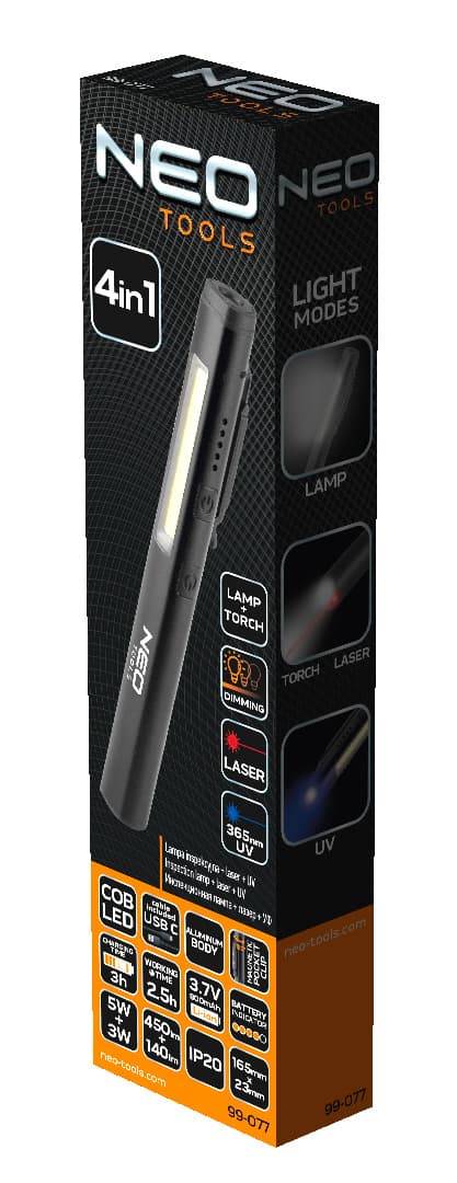 Pregledna LED svetilka NEO TOOLS 450 lm, UV, laser + USB-C 8