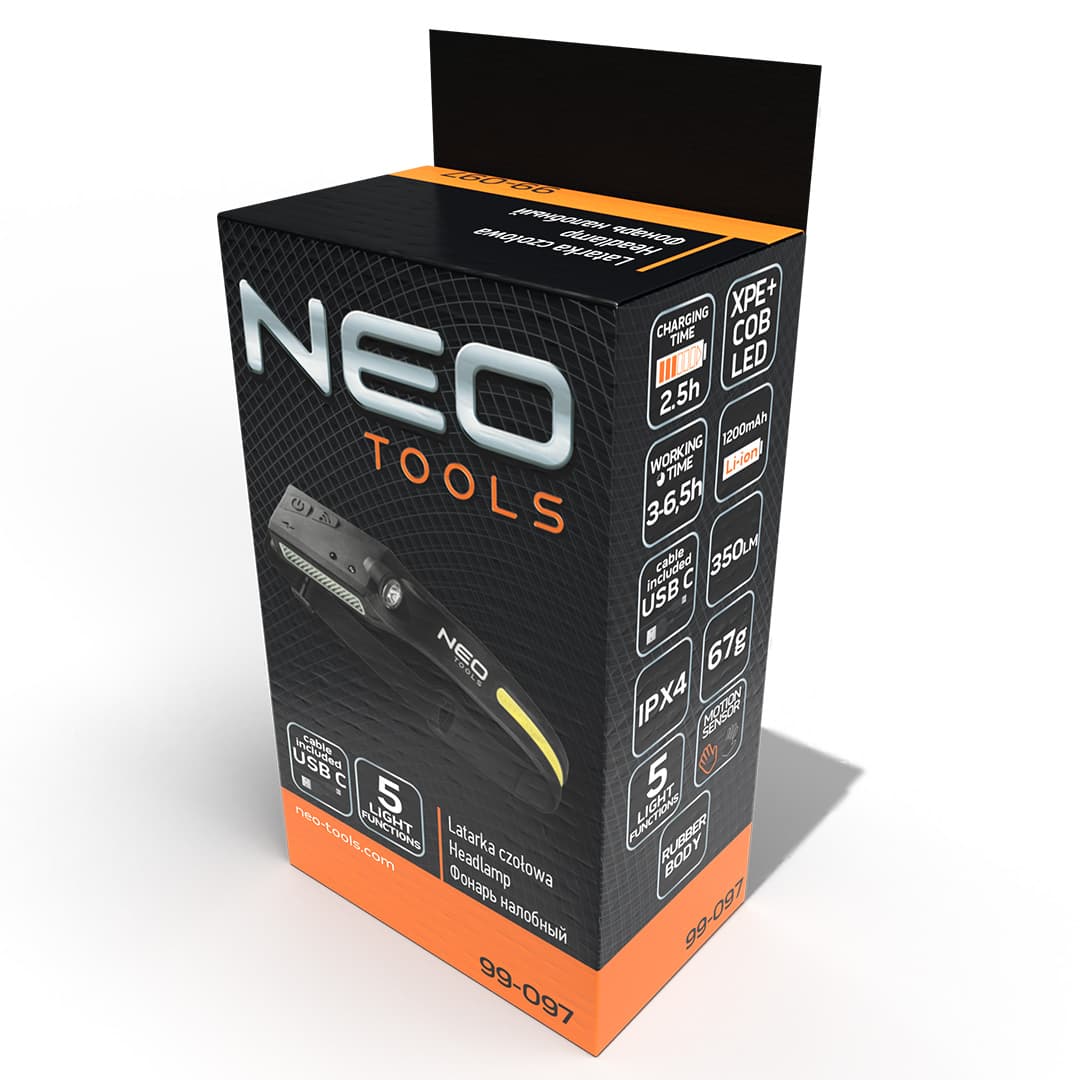 NEO TOOLS naglavna svetilka LED, polnilna, 2v1 8