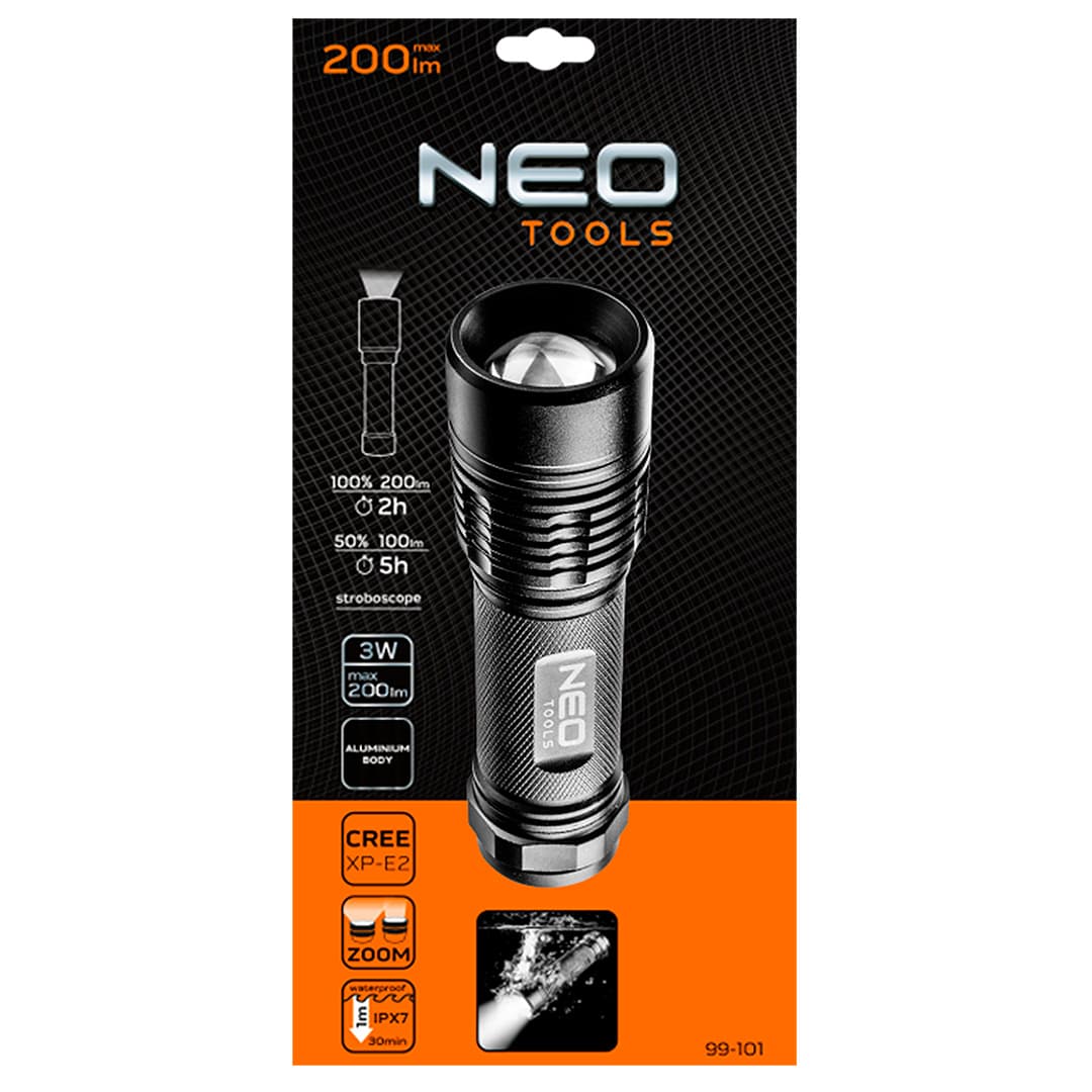 NEO TOOLS Baterijska svetilka 200 lm, zoom, IPX7 6