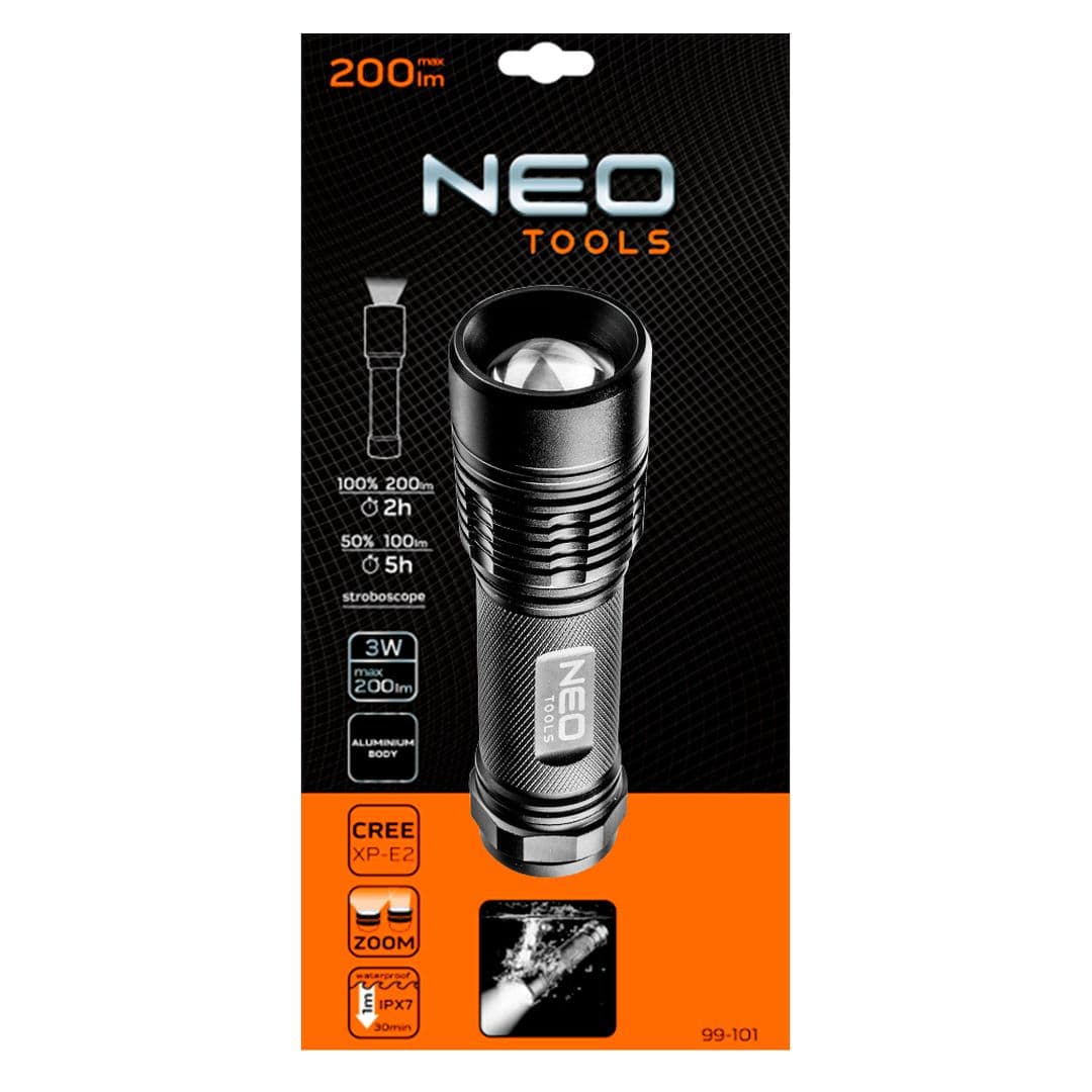 NEO TOOLS Baterijska svetilka 200 lm, zoom, IPX7 4