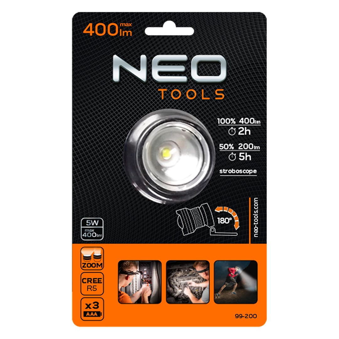 NEO TOOLS Naglavna svetilka 400 lm, zoom, CREE R5 7