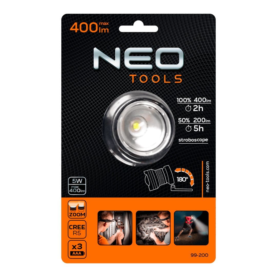 NEO TOOLS Naglavna svetilka 400 lm, zoom, CREE R5 6