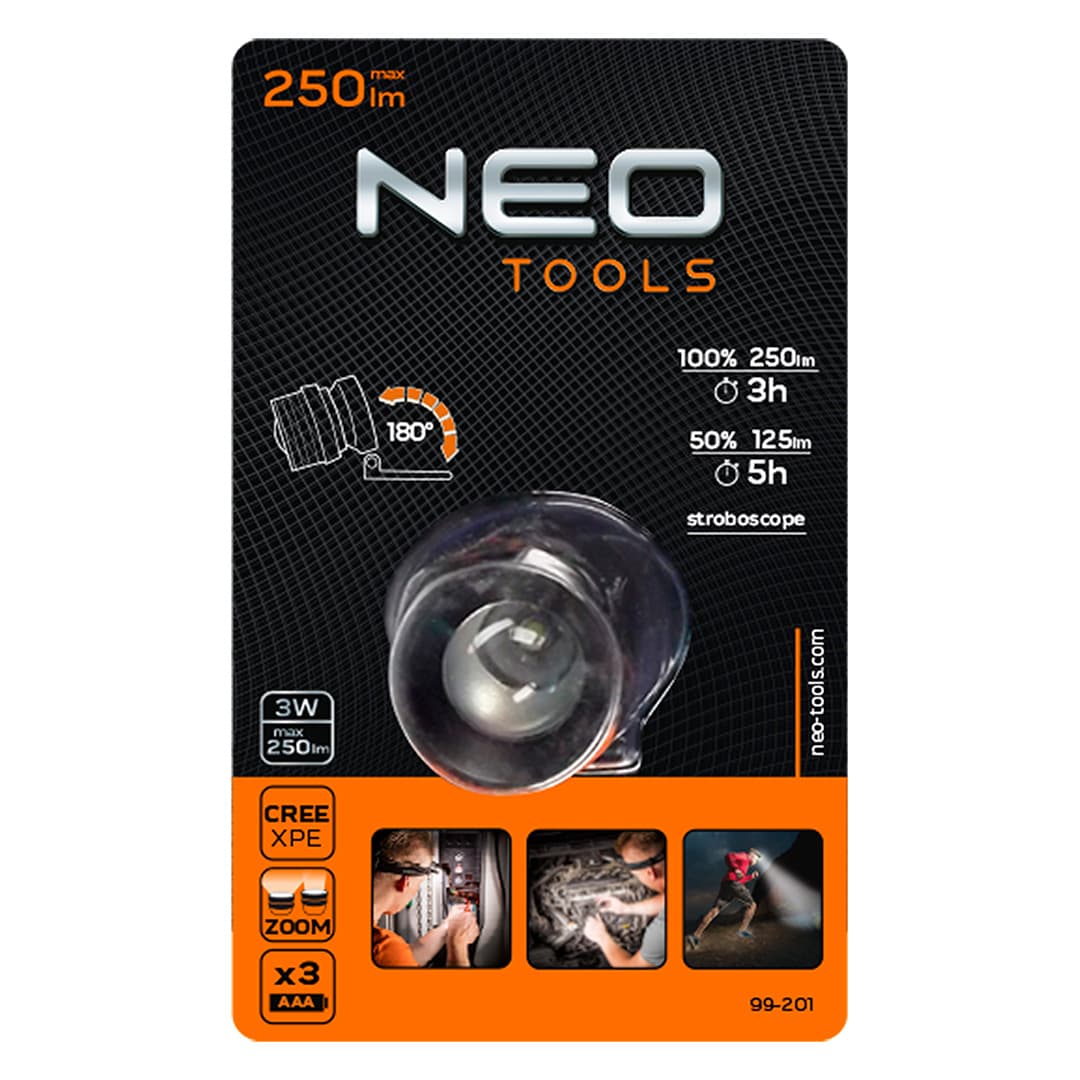 Naglavna svetilka GRAPHITE 250 lm, zoom, CREE XPE, AAA 8