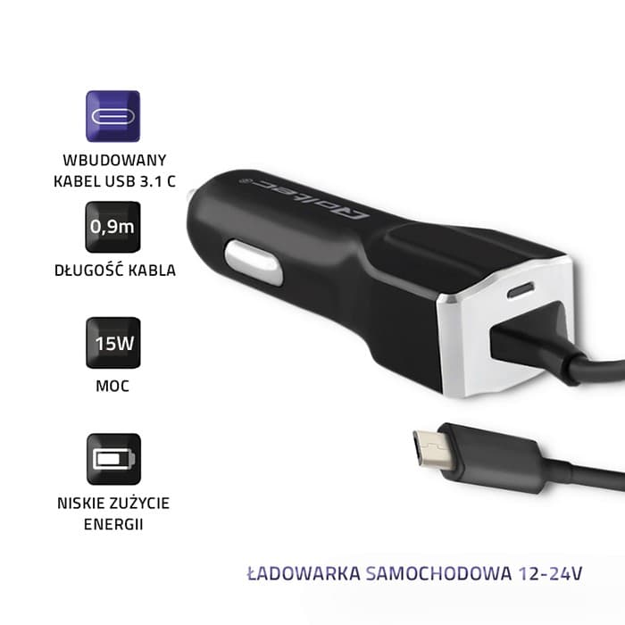 qoltec inteligentni avtomobilski polnilec 12-24V | 15W | 5V | 3a | usb kabel tipa c 3