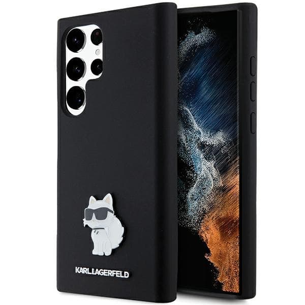 Karl Lagerfeld Ovitek Silicone Choupette Metal Pin za Samsung Galaxy S23 Ultra, črn
