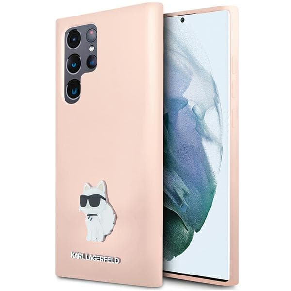 Karl Lagerfeld Ovitek Silicone Choupette Metal Pin za Samsung Galaxy S23 Ultra, roza