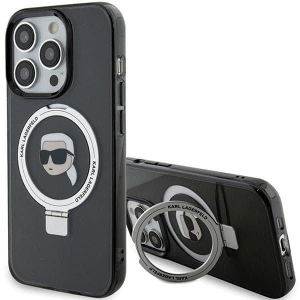 Karl Lagerfeld ovitek za iPhone 15 Pro 6.1" Ring Stand Karl Head MagSafe, črn