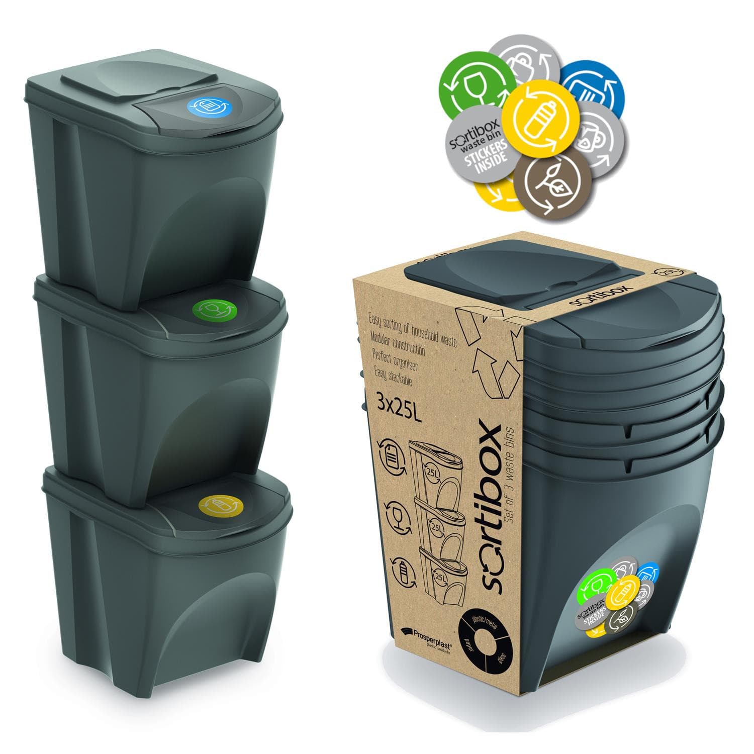 Prosperplast Komplet košev za ločevanje Sortibox, 3x25L, sive